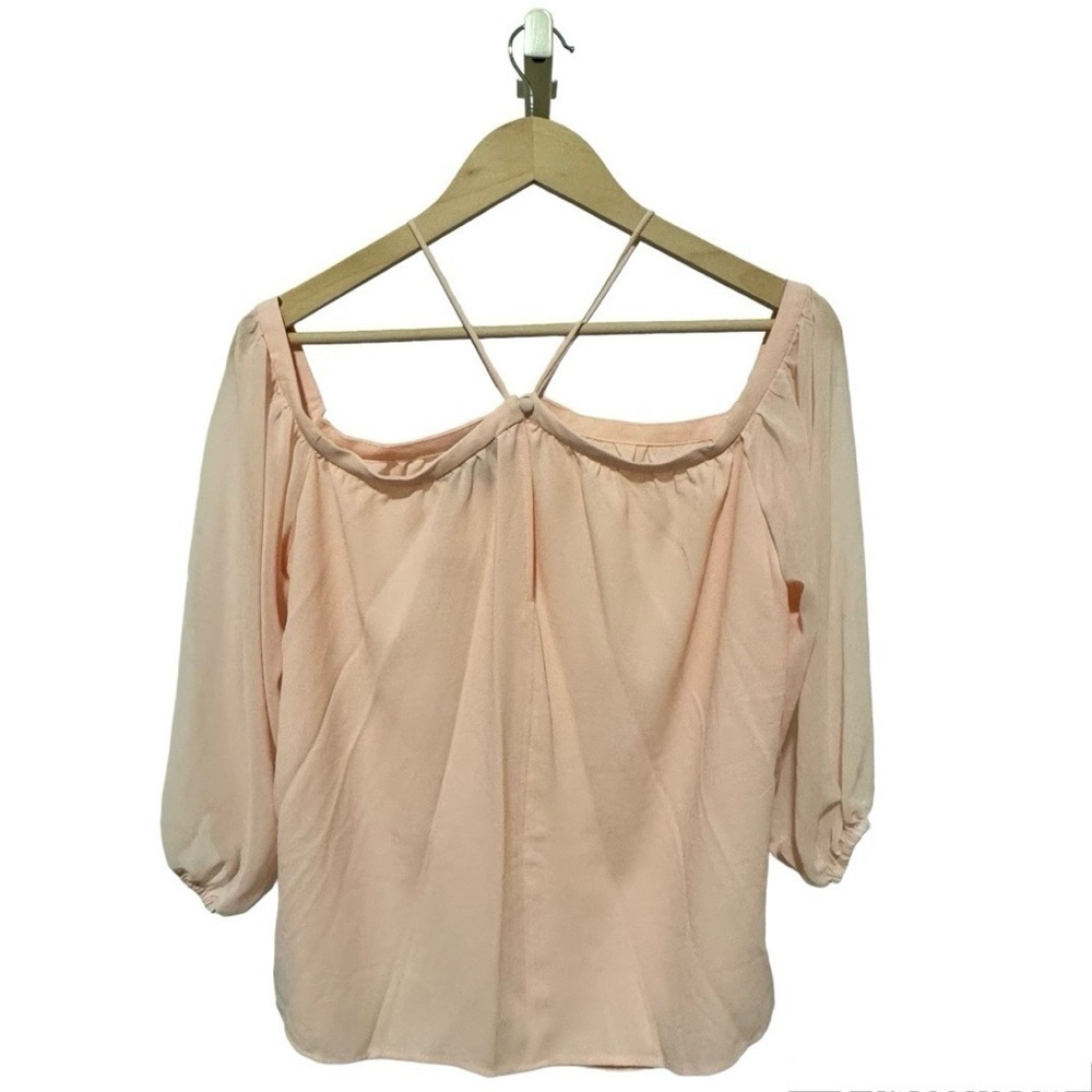 1.STATE Off-Shoulder‎ Halter Blouse, Chiffon Sleeves, Pink Sz S - Picture 4 of 6